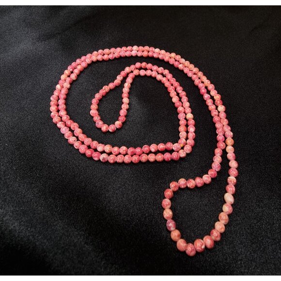 Vintage Long Rhodonite Beaded Necklace 35" Long Pink & White Gemstone Strand Jew - Picture 4 of 6